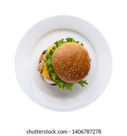 Hamburger With Lettuce In A Plate On A White Background, Top View