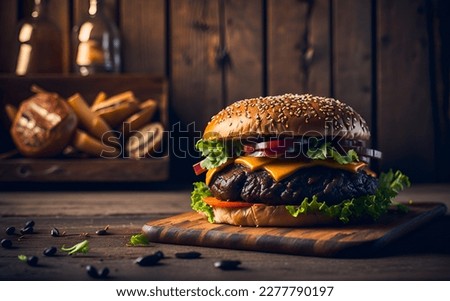 Hamburger with lots of ingredients on wooden board, small pieces of food scattered around.