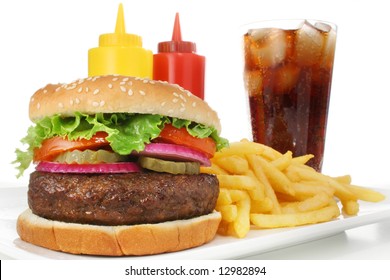 Hamburger meal served with french fries and soda close-up. Fast food & barbecue collection. - Powered by Shutterstock