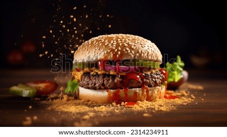 Hamburger with meat, pickles and ketchup