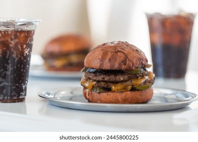 hamburger menu, grilled hamburger with cheddar cheese, delicious burger, delicious double burger smash on white background. burgers, single and stack with cheese. homemade burgers, single and stack.