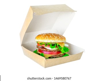 Hamburger In Package Isolated On White Background. Double Big Juicy Burger In Cardboard Box