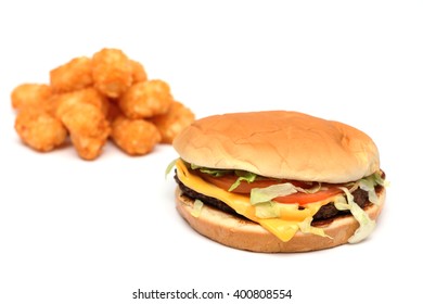 Hamburger And Tater Tots On A White Background