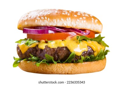 hamburger with vegetables and cheese isolated on whie background - Shutterstock ID 2236335343
