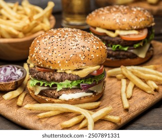 Hamburgers and French fries on the wooden tray. - Powered by Shutterstock