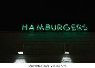 Hamburgers neon sign at night, White Mana Diner, Jersey City, New Jersey - Powered by Shutterstock