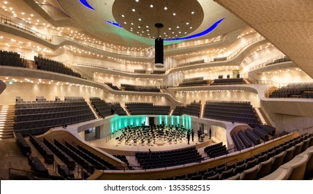 Hamburg/Germany - March 18, 2019: Big concert hall interior of the Elbphilharmonie, the city's famous philharmonic hall built on the banks of the Elbe river it is renown for its unique acoustic 