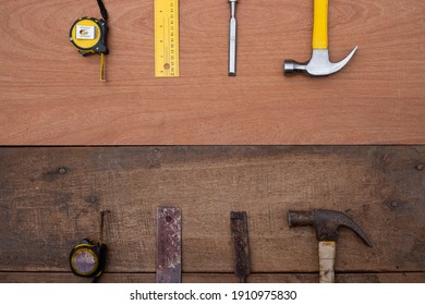 Hamer chisel Tape measure Ruler Collection of old tool vs new tools woodworking on new and weathered wooden boards - Powered by Shutterstock