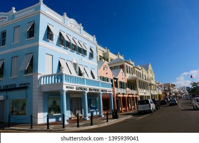 Hamilton, Bermuda - February 18 2018: Colorful Historic Buildings On Front Street In Downtown Hamilton