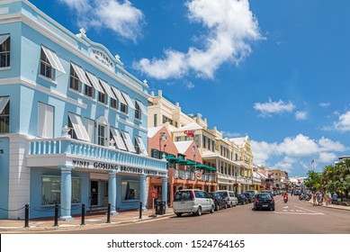 HAMILTON, BERMUDA - July 12, 2017: Bermuda has a blend of British and American culture, which can be found in the capital, Hamilton. Its Royal Naval Dockyard combines modern attractions with history.