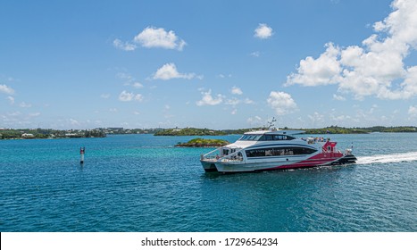 HAMILTON, BERMUDA - MAY 12, 2020: Red and White Bermuda Ferry