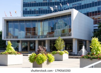 Hamilton, Canada, August 5, 2020; The Council Chambers Overlooking The Plaza And Fountains At Hamilton City Hall