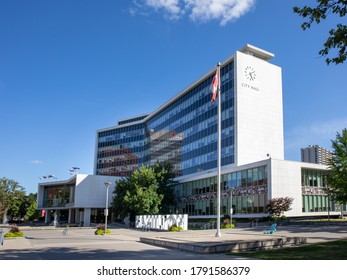 Hamilton, Canada, August 5, 2020; The Elegant White Hamilton City Hall On Main Street With The Council Chambers In Front