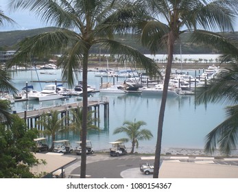 Hamilton Island Boat Harbour With Moored Yachts, And Golf Buggies In Foreground Queensland Australia