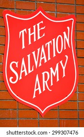 HAMILTON, NZL - MAY 28 2015:Salvation Army Sign.Present In 126 Countries With Charity Shops, Operating Homeless Shelters And Providing Disaster Relief And Humanitarian Aid To Developing Countries.