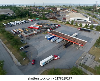 HAMILTON, ON, CANADA - July 7, 2022: An Aerial View Above A Large Truck Stop, Gas Station In An Industrial Manufacturing Sector, Seen During The Day.