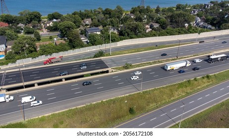 Hamilton, Ontario Canada - August 9 2021: The Burlington Bay James N. Allan Skyway is part of the Queen Elizabeth Way highway linking Fort Erie with Toronto.