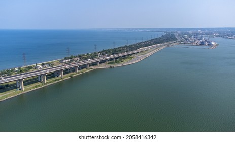 Hamilton, Ontario Canada - August 9 2021: The Burlington Bay James N. Allan Skyway is part of the Queen Elizabeth Way highway linking Fort Erie with Toronto.