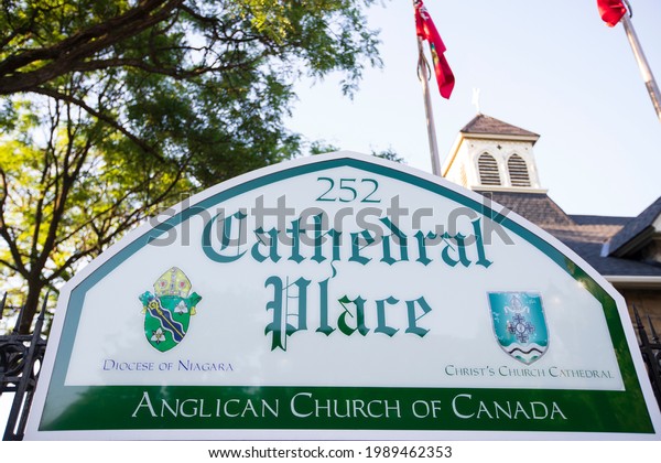 HAMILTON, Ontario, Canada -\
June 2021: Sign board showing the Cathedral Place Anglican Church.\
Christ\'s Church Cathedral is an historic building in downtown\
Hamilton Ontario.