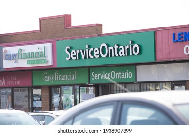 Hamilton, Ontario Canada - March 2021: Service Ontario Office And Adjoining Stores At Shopping Plaza. Service Ontario Is A Ministry Of Government And Consumer Services Agency.