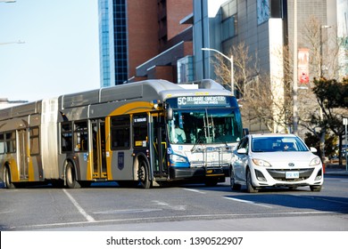 Hamilton, Ontario / Canada - May 2019: Hamilton Street Railway (HSR) Bus Seen In The Traffic In Downtown Hamilton, Ontario. HSR Is Hamilton Public Transit System