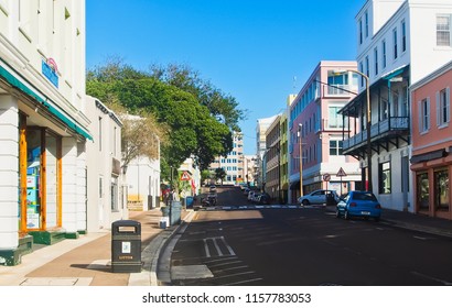 Hamilton, Hamilton Parish/bermuda - 2/18/2018: Front Street Of Downtown Of Hamilton