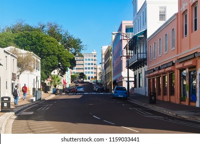 Hamilton, Hamilton Parish/bermuda - 2/18/2018: Front Street Of Downtown Of Hamilton In February