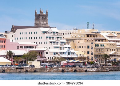 HAMILTON,BERMUDA - MAY 11,2011: Group Of Fishing Boats On The Water, Near Hamilton, Bermuda.,BERMUDA - MAY 11,2011: View From The Water Of Hamilton Pier And Buildings At Bermuda.