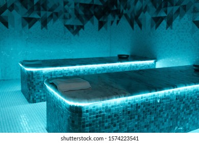 Hammam Tables With Blue Lights In Spa Salon 