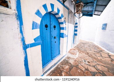 Hammamet Medina Streets With Blue Decor And Elements. Tunis, North Africa.