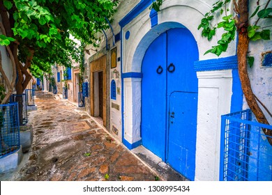 Hammamet Medina Streets With Blue Walls. Tunis, North Africa.