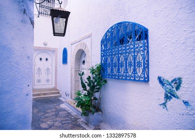 Hammamet Medina Streets With Blue Walls. Tunis, North Africa.