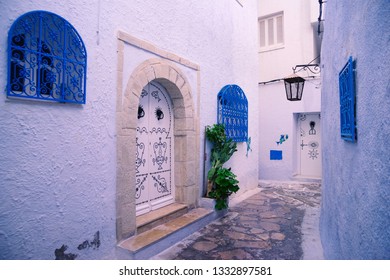 Hammamet Medina Streets With Blue Walls. Tunis, North Africa.