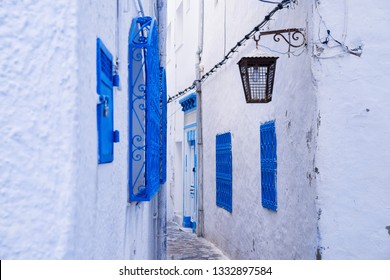 Hammamet Medina Streets With Blue Walls. Tunis, North Africa.