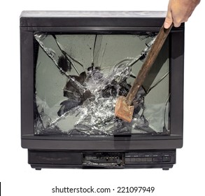 Hammer Blow To The TV Screen. Hammer Blow Smashed The TV Monitor Isolated On White Background. Damage Television. Hammer Strike To Television. Smash Television On A White Background.