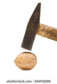 Hammer breaks a walnut on a white background