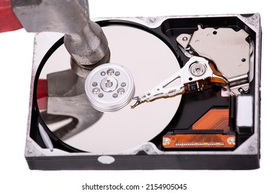 The Hammer Hits The Plate Of An Open Hard Drive. Destruction Of Information From The Hard Drive