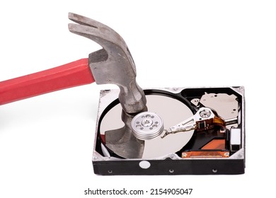 The Hammer Hits The Plate Of An Open Hard Drive. Destruction Of Information From The Hard Drive