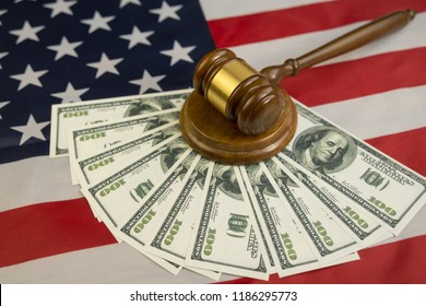 Hammer Of The Judge, Dollars Of Money For The Flag Of The United States Of America. The Court, The Law. Crime And Punishment. Business, Corruption, Bribe.