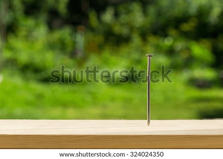 Hammer in nail into wooden plank, closeup
