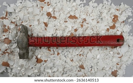 A hammer on the background of crushed eggshells. An old metal hammer with a red handle lies on a crushed eggshell. The contrast of a hard instrument and a brittle organic material.              