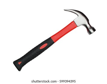 Hammer with red and black handle isolated on white background