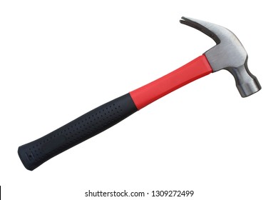 Hammer with a rubberized handle. Hammer and nail puller, two in one. Close-up. Isolated object on white background. Isolate. - Shutterstock ID 1309272499