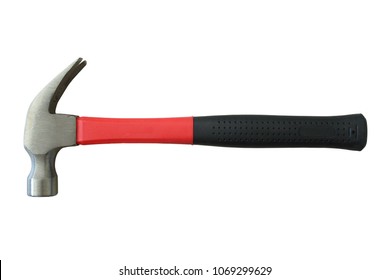 A hammer with a rubberized handle. A hammer and a nail, two in one. Hammer with a nail gun. Close-up. Isolated on white background.