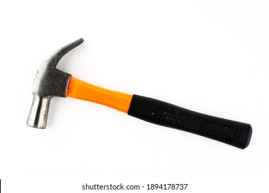 A hammer with a rubberized handle. A hammer and a nail, two in one. Hammer with a nail gun. Close-up. Isolated on white background.