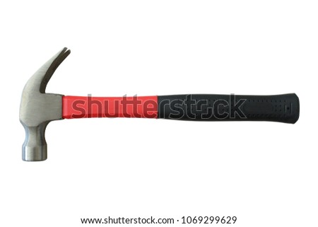 A hammer with a rubberized handle. A hammer and a nail, two in one. Hammer with a nail gun. Close-up. Isolated on white background.