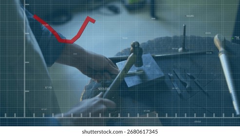 Hammering chisel over tile at workshop bench in grey shirt, surrounded by tools and grid overlay. Craftsmanship, sculpture, artisanship, precision, industrial, manual labor, monochrome