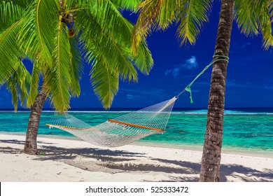 Hammock between palm trees on tropical beach of Rarotonga, Cook Islands, South Pacific
