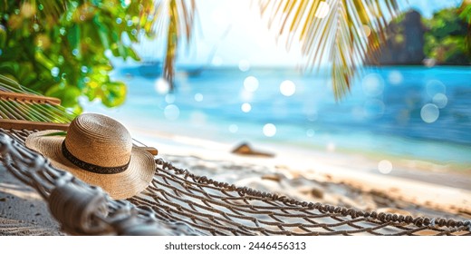 Hammock with a straw hat on the beach - Powered by Shutterstock