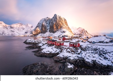 Hamnoy, Lofoten Islands, Norway. Winter View At Sunrise